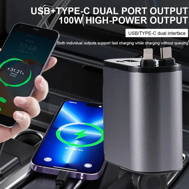 4 In 1 Retractable Car Charger Type C Cable USB PD Port For IPhone Samsung Fast Charge Cord Cigarette Lighter Adapter