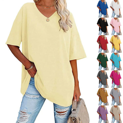 T Shirt Women Top V Neck Solid Loose TShirt Drop Sleeves Casual Summer Tees Women Clothing