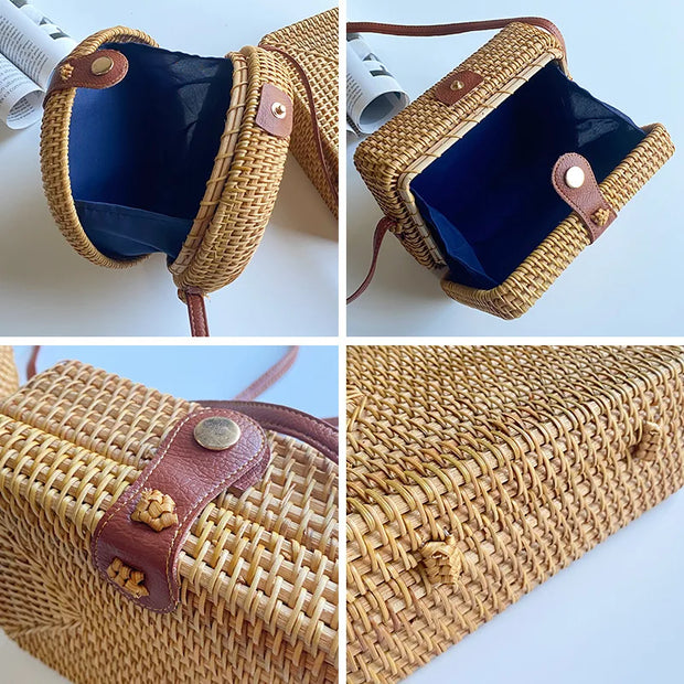 2023 New Summer Bali Round Rattan Bags For Women Boho Beach Crossbody Bag Straw Handmade Woven Circle Sac a Main Shoulder Bag