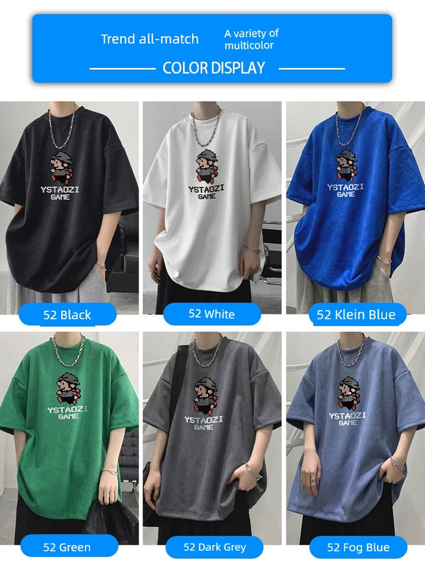 Fashion Brand Printing Ice Silk Men Half Sleeve Clothes Suede