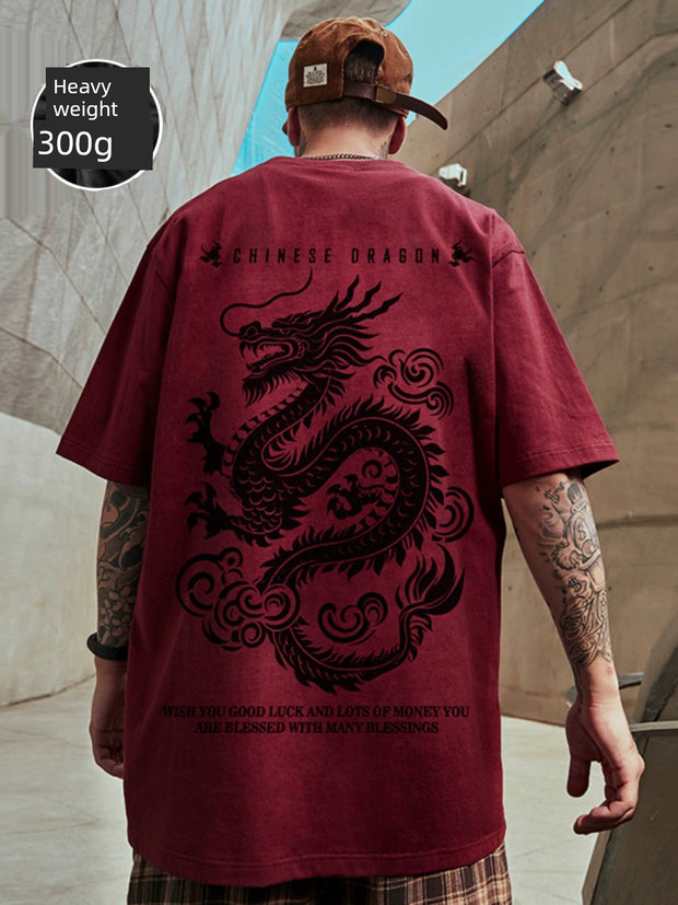 Heavy Weight 300G Dragon Totem Street Plus Size Short Sleeve T-shirt