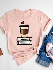 Coffee Books Trend 90s Fashion Short Sleeve Print T Shirt Tee Basic Clothing Summer Top Graphic T-shirt Women Clothes