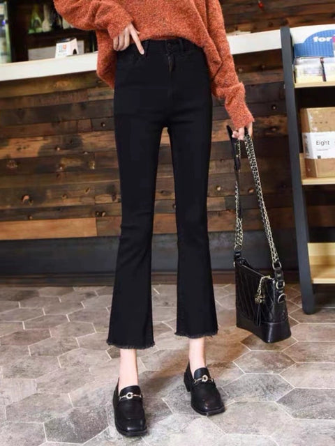 Black Best Selling Ankle-Length Frayed Hem Slightly Flared Jeans