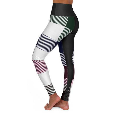 Womens High-waist Fitness Legging Yoga Pants, Black Multicolor Plaid