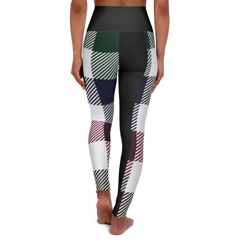 Womens High-waist Fitness Legging Yoga Pants, Black Multicolor Plaid