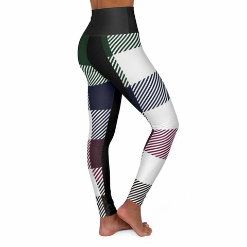 Womens High-waist Fitness Legging Yoga Pants, Black Multicolor Plaid